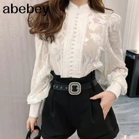 korean shirts for women stand collar puff long sleeve patchwork buttons designer oversized loose blouses female 2021 new