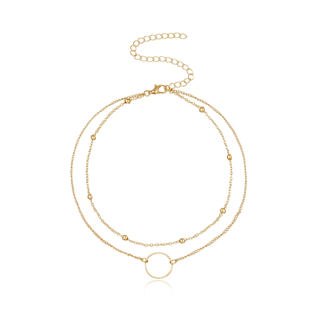 

Fashion Double-layer Bead Chain Choker Hollow Circle Pendant Necklace for Women Simple Geometric Female Trendy Clavicle Chain