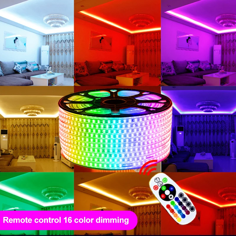

10M LED Strip Light 3 Levels bright 220v Three-color Variable /16 Colors RGB Outdoor Waterproof TV Background Atmosphere Lights