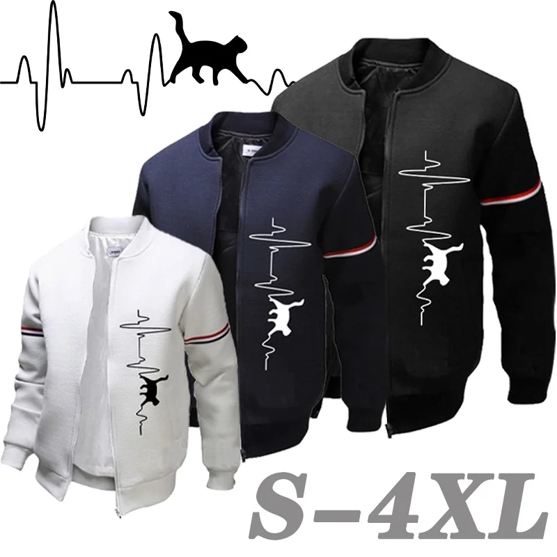 

Новинка 2021, Мужская однотонная куртка с принтом ЭКГ и кота, Повседневная Уличная бейсбольная одежда, мужская облегающая спортивная куртка н...