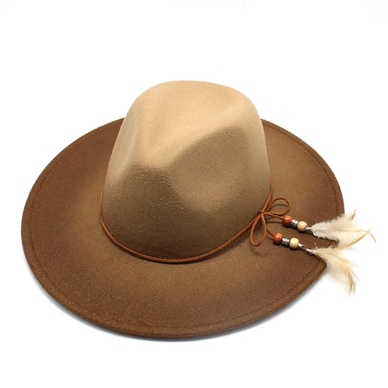 

Fedora Hat Women Men Two-color Gradient Felt Fedora With Rope Decor British Style Wide Brim Bowler Hats For Lady Jazz Panama Cap