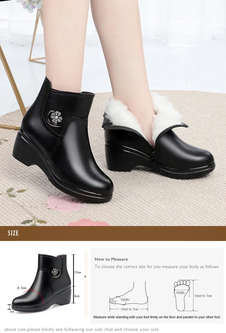 AIYUQI Winter Boots Women Genuine Leather Big Size Mother Wedge Boot Black Platform Boots Thick Wool Ankle Boots