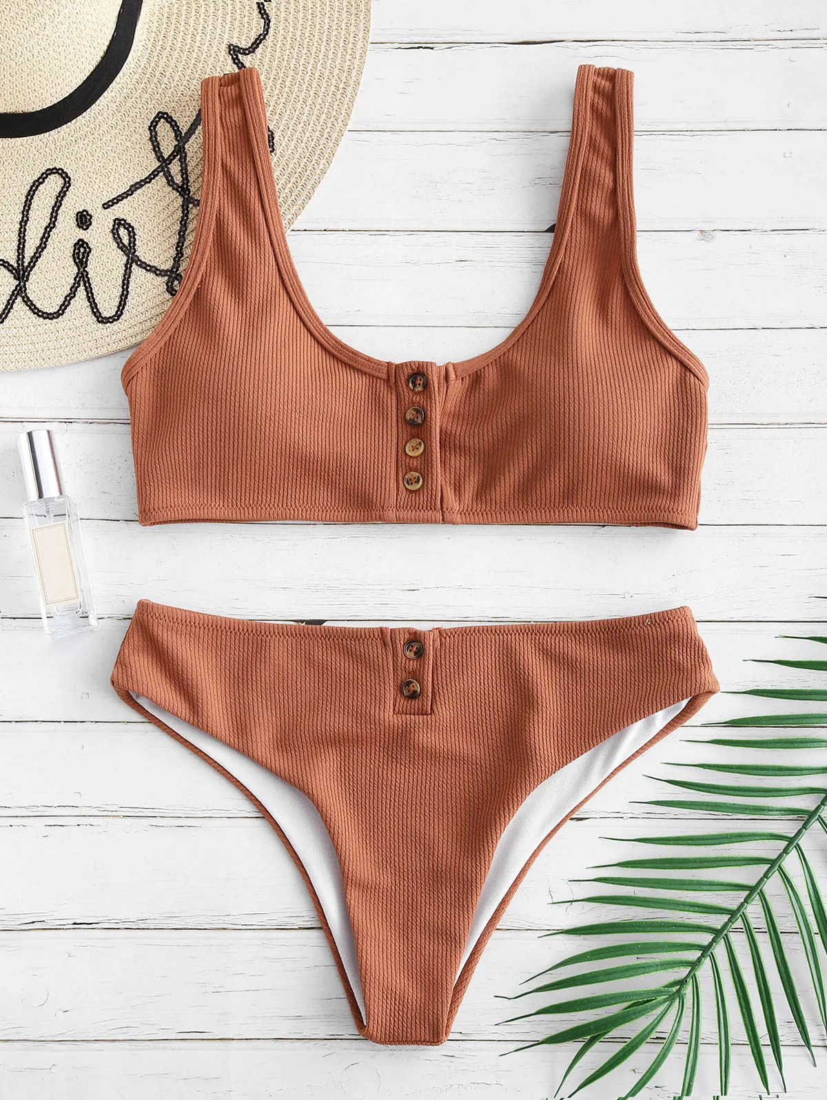 

ZAFUL Bikini Set Padded Ribbed Texture Buttons Scoop Neck Top And Natural Waist Bottoms Simple Sexy Swimwear Women Padded Suit