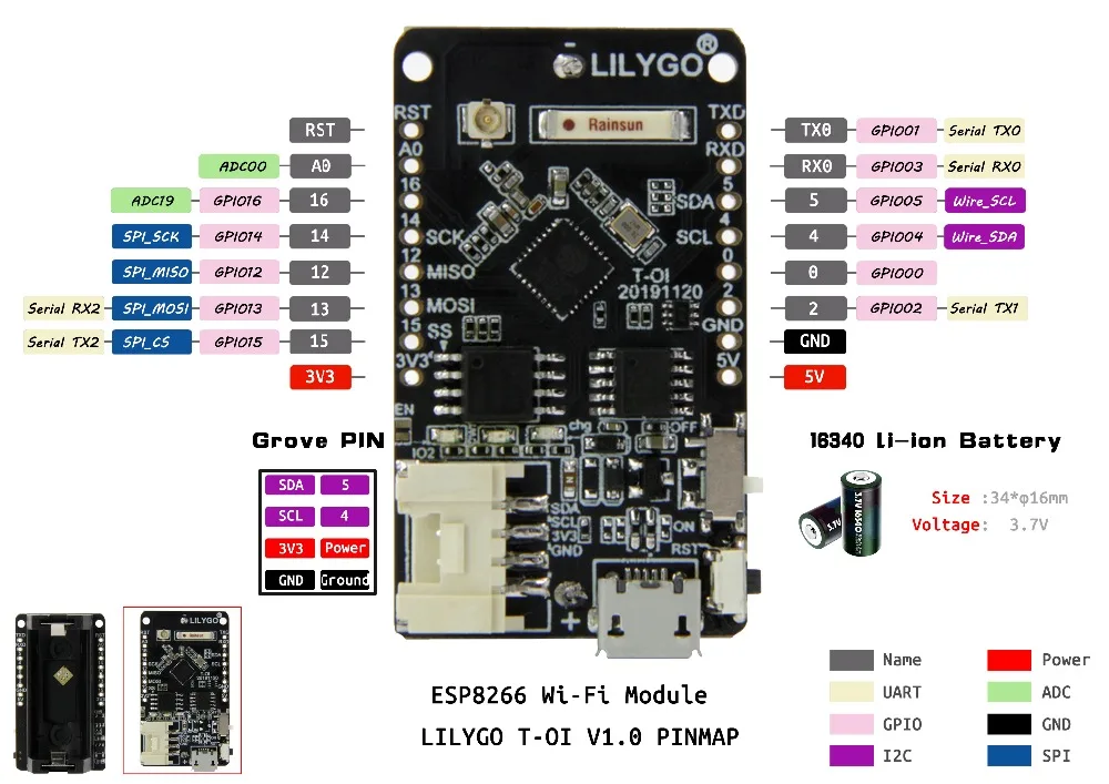 LILYGO®TTGO T OI ESP8266 чип Перезаряжаемые 16340 Батарея держатель совместим с мини D1