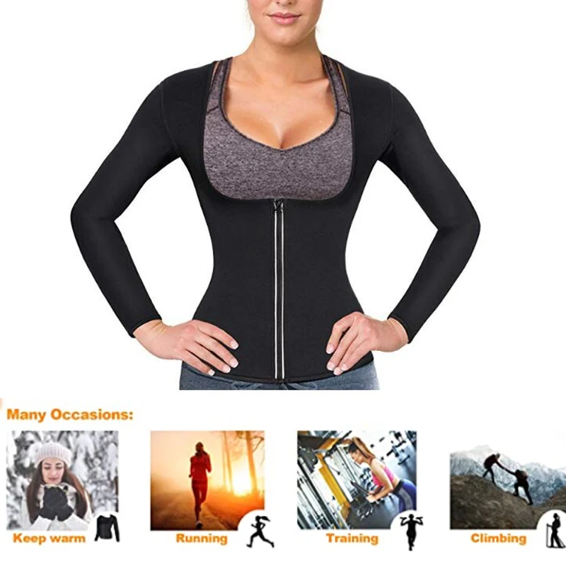 Women Sauna Body Shaper Sweat Suit Sleeve Spa Shirt Hot Neoprene Slimming Workout Vest Weight Loss Waist Trainer Corset Slim Top