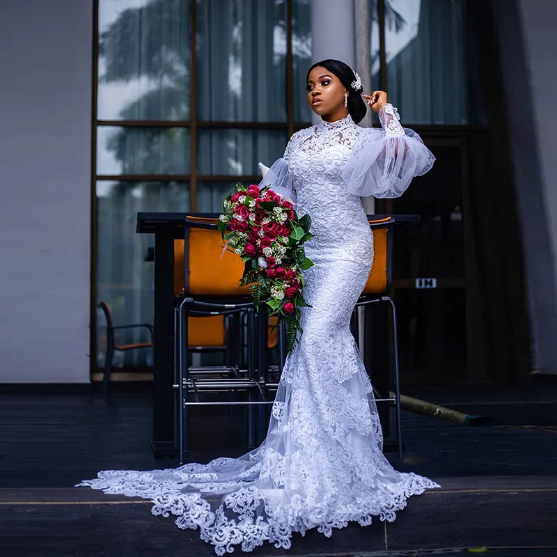 

Кружевные свадебные платья-русалки Aso Ebi в стиле ретро, свадебные платья с высоким воротом и длинными рукавами в африканском стиле, свадебные платья со шлейфом