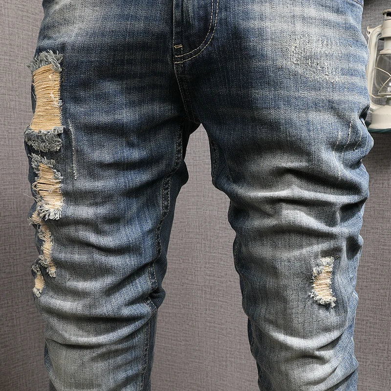 European Vintage Fashion Men Jeans Retro Blue Elastic Slim Fit Ripped Jeans Men Distressed Designer Casual Destroyed Denim Pants