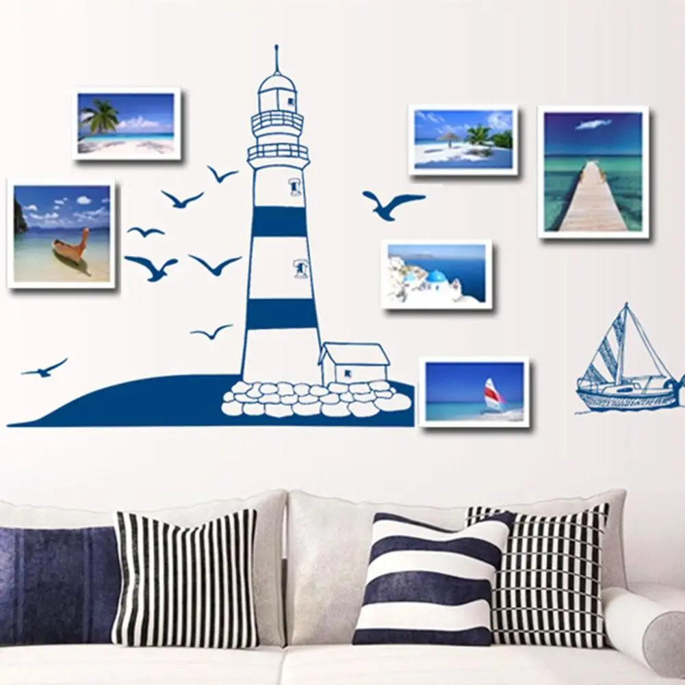 Navy Blue PVC Modern stylish Tower Sailboat Gull Pattern Removable Wall Sticker Decal Background Home Decor | Дом и сад