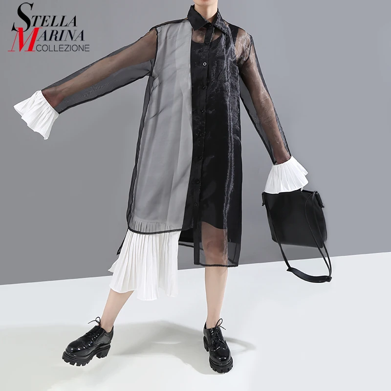 Женское Сетчатое платье рубашка черное прозрачное длинное с длинными