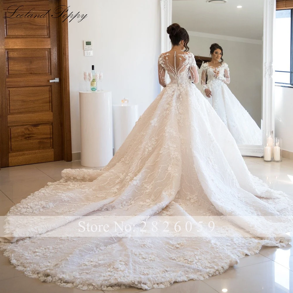 Lceland Poppy A-line Lace Wedding Dresses 2020 Floor Length Long Sleeves Vestido de Novia Illusion Bridal Gowns with Flowers