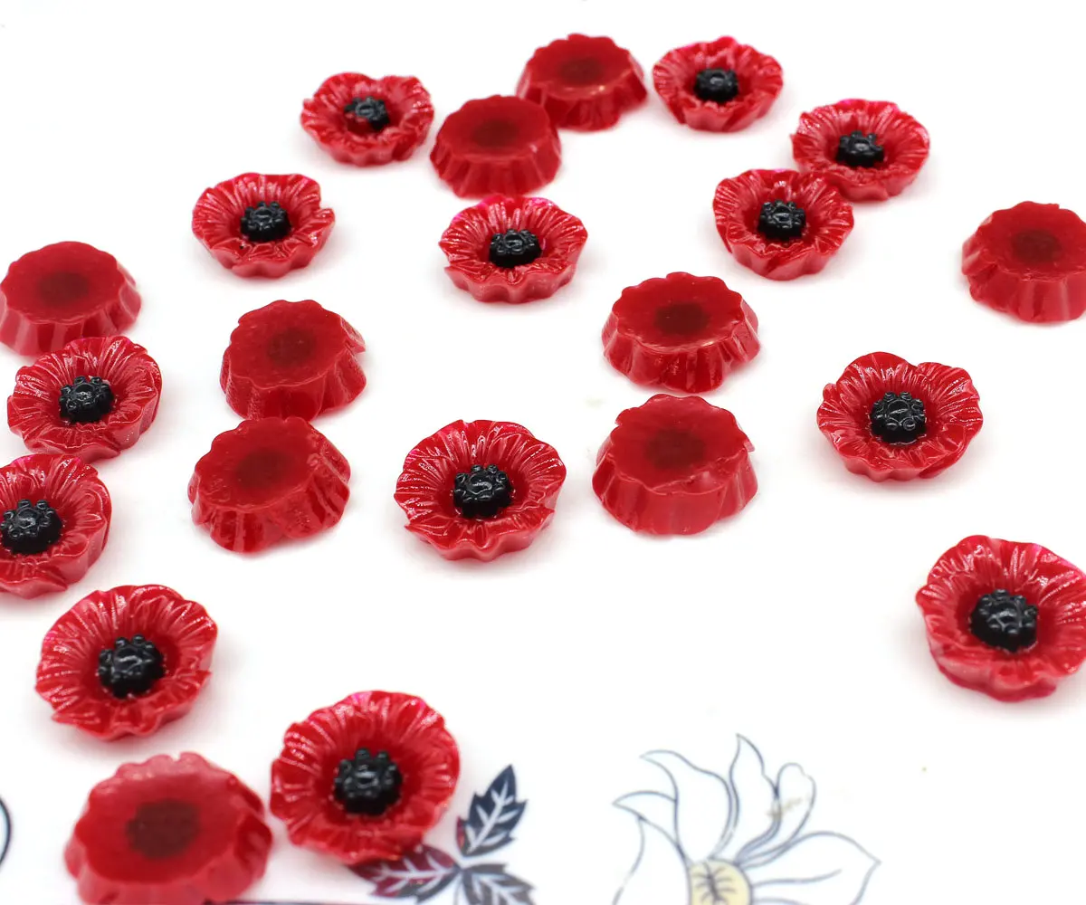 

150pcs Medium 2 Tone Hand Paint Bright Red Crimson Poppy Flower Cabochon Resin Flower 19mm with Black Heart
