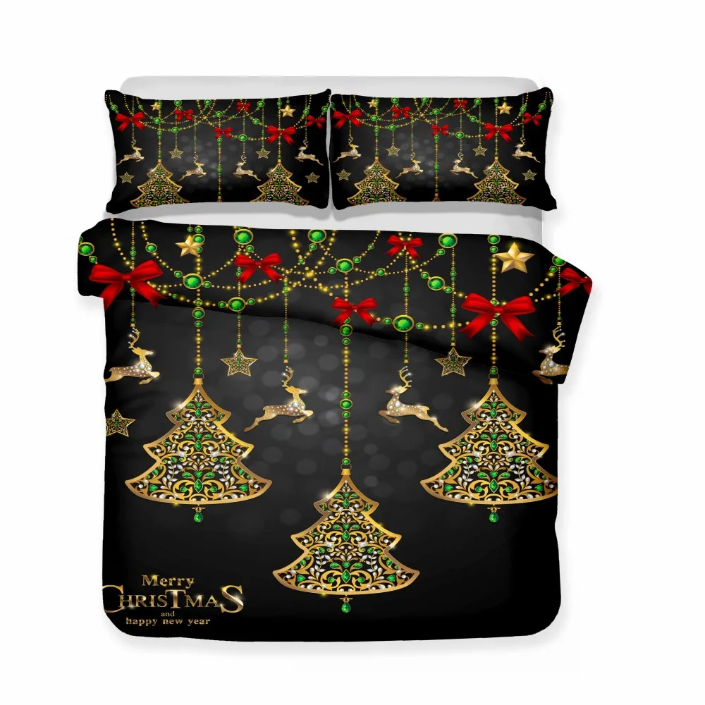 Merry Christmas Microfiber Duvet Cover Pillowcase Gold Reindeer Jingle Bells Black Bedding Set Dorm Room Decor Comforter Shell | Дом и сад