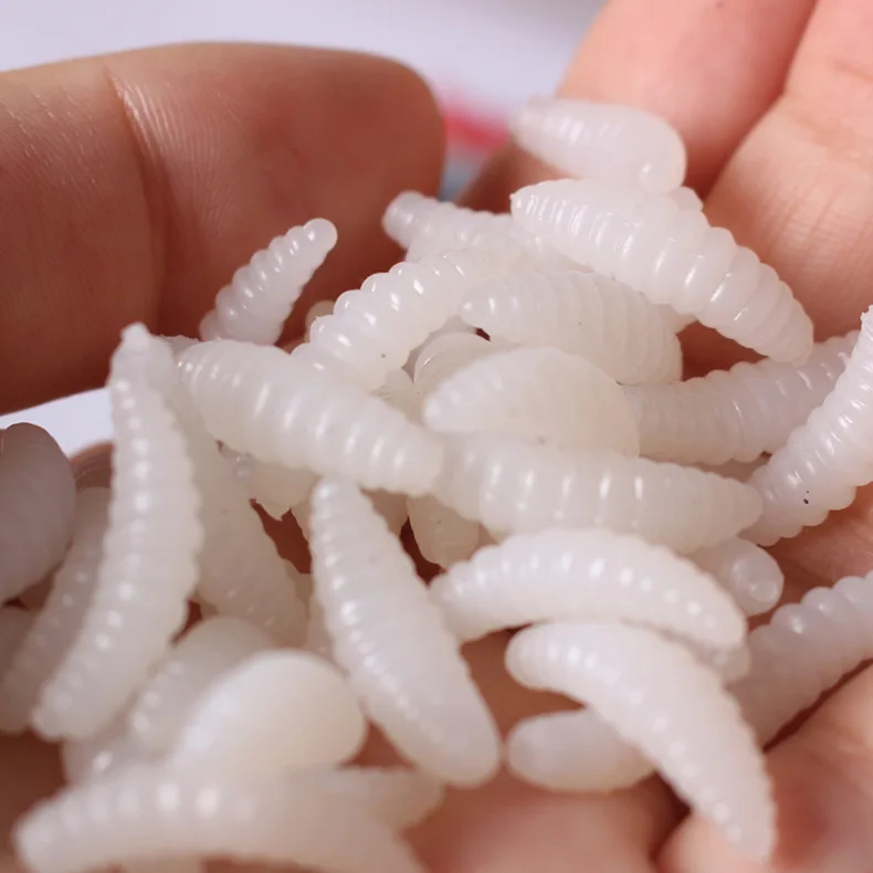 

Newest 50PCS 2cm 0.3g maggot Grub Soft Fishing Lure hooks smell Worms Glow Shrimps Fish Lures