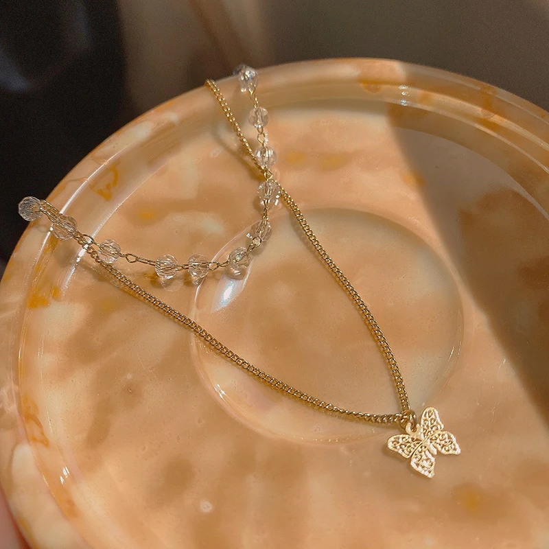 

Trendy Fine 14K Real Gold Butterfly Crystal Double Layer Chain Pendant Necklace for Women Temperament High Quality Jewelry Ins