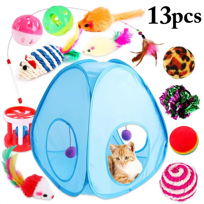 

13PCS Cat Supplies Set Funny Pet Tent Interactive Cat Toys Kit Plush Mouse Shaped Feather Playing Toy Sets For Pet Cats Supplies