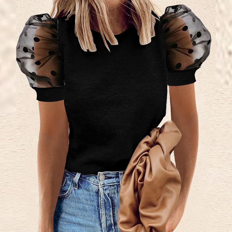 

Nice Summer Casual Polka Dot Print Blouse Shirts Women Elegant Puff Short Sleeve Pullover Tops Ladies Sexy Hollow Out Lace Blusa