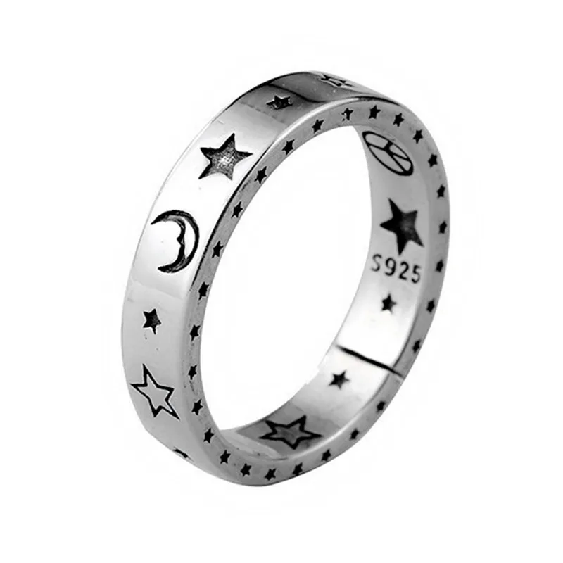 

ANENJERY Vintage Moon Star Open Thai Silver Color Ring Smiling Face Finger Rings For Fashion Women Jewelry S-R613