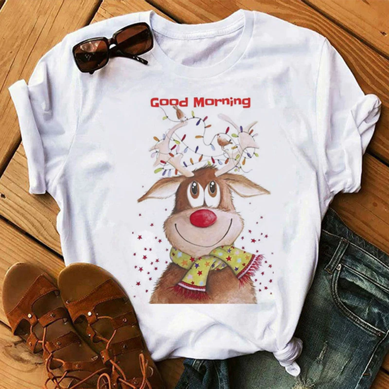 

Christmas Gift Cut Reindeer T-Shirt women Merry Christmas Cartoon Tshirt Funny O-Neck Graphic Tshirt femme Clothes