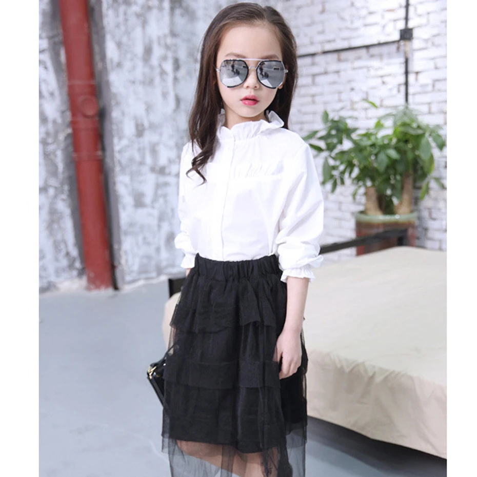 Блузка для девочек однотонная белая блузка с оборками рубашки длинными рукавами