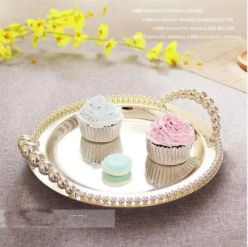 

diameter 30cm/35cm home supply wedding decoration round beaded silver pastry plate metal fruit dessert tray dinner plates