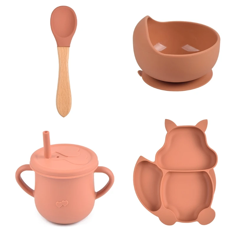 

4 Pcs Baby Silicone Squirrel Divided Dinner Plate Sucker Bowl Spoon Straw Cup