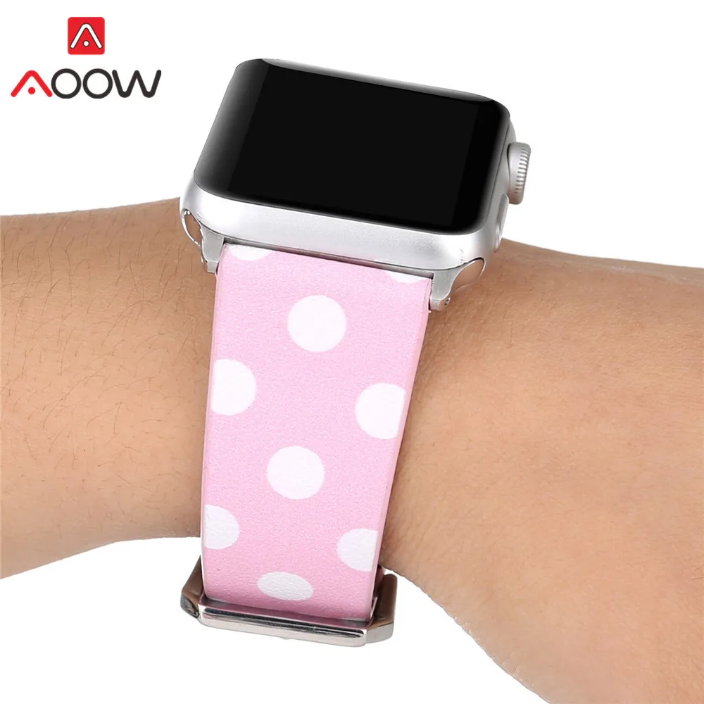 Кожаный ремешок для часов Apple Watch 40 мм 44 мм 38 мм 42 мм черный белый розовый узор в горошек браслет ремешок для iWatch 1 2 3 4
