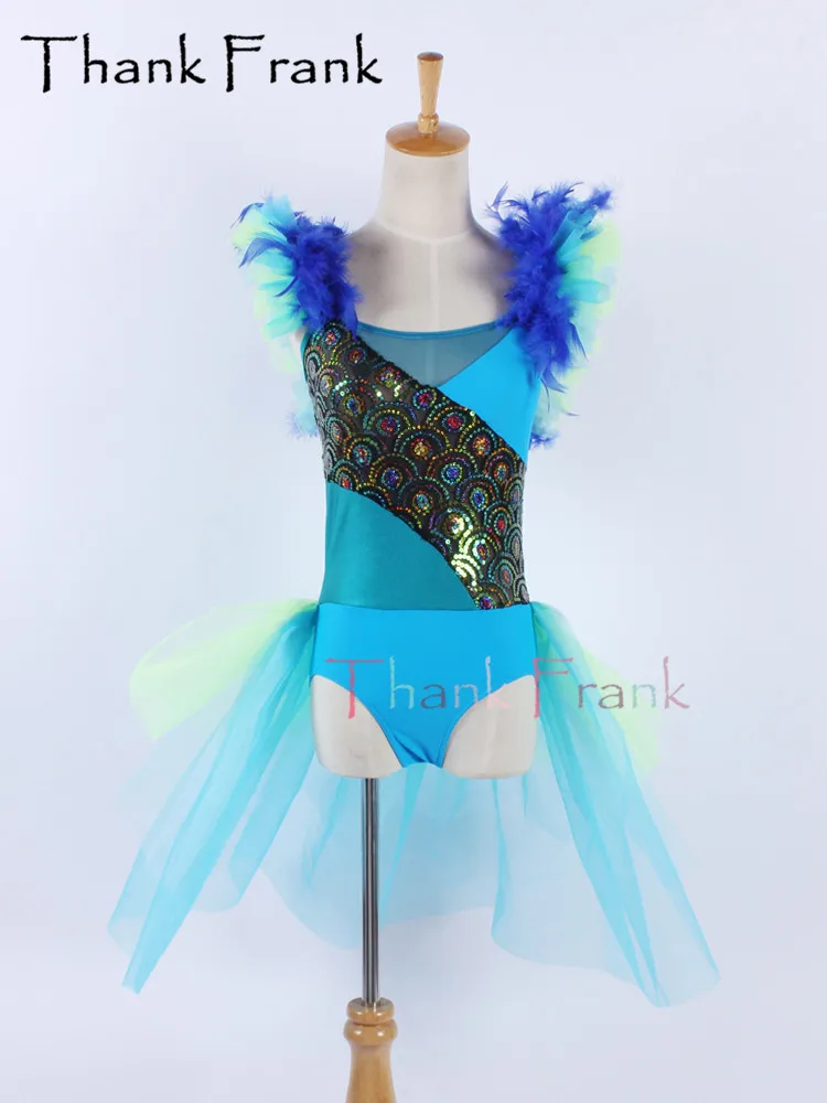 New Feather Jazz Dance Costume Kids Adult Blue Modern Costumes Girls Sequin Leotard Dress Women Festival Clothes Dancewear C628