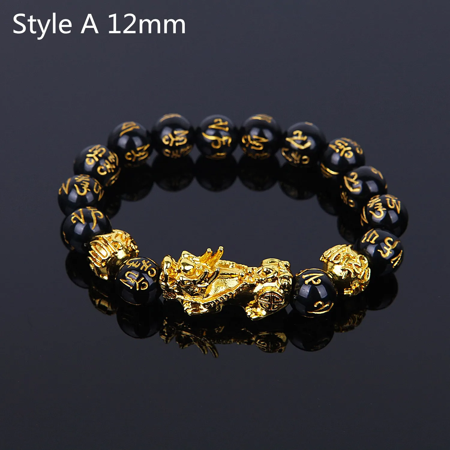 Style A 12mm Фэн-шуй, черные бусы, сплав, богатство, браслет унисекс-браслет, золото, черный, Pixiu, богатство и удача, женский, мужской браслет - Окраска металла: Style A 12mm