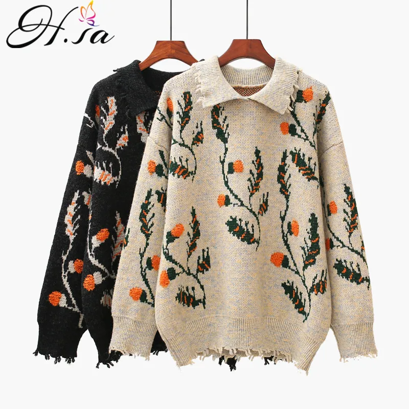 

H.SA 2020 Women New Arrivals Floral Embroidery Retro Pull Sweaters Turn Down Collar College Style Casual Loose Sweater Jumpers