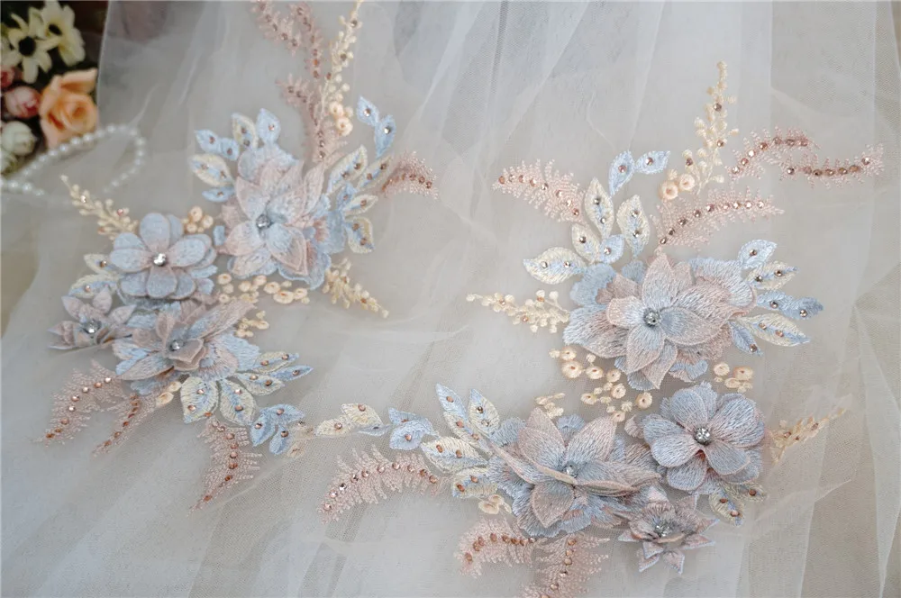 Новое поступление 1 пара вышивка Кружевная аппликация 3D Цветы стразы отделка для