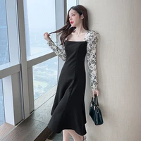 korean vintage hepburn casual midi dress spring autumn black patchwork floral long sleeves dress 2022 women elegant bodycon robe