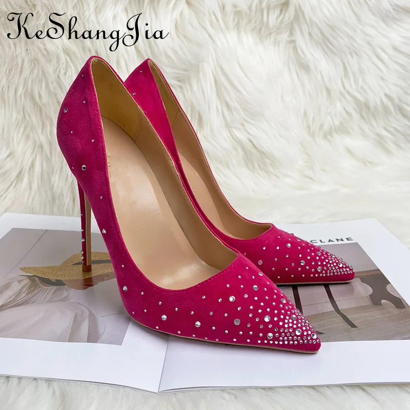 Keshangjia Ms grace diamond mei red suede pointed high-heeled shoes sexy stilettos 12 cm peep-toe party dress 33 to 45 yards