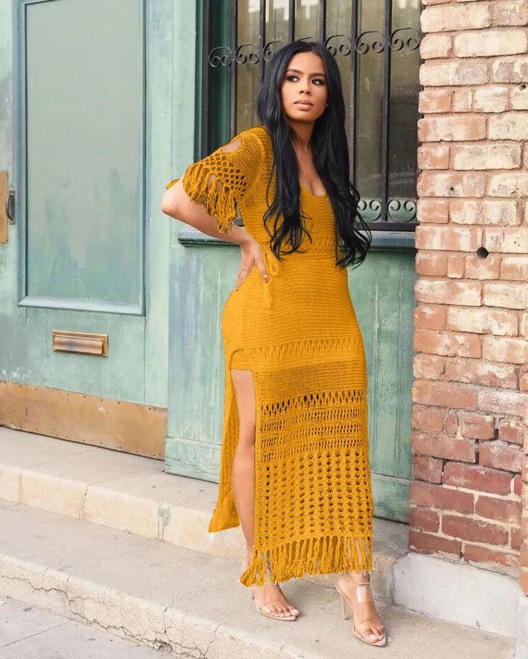 Women's Swim Cover Up Plus Size Sexy Knitting Crochet Beach Dress Tunic Swimsuit Wear Cover Ups Tassel Belt Yellow Kaftan Praia