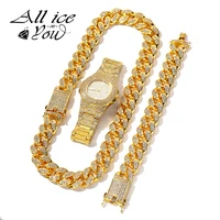 alliceonyou necklace watchbracelet stainless steel hip hop miami curb cuban chain iced out paved rhinestones for men jewelry
