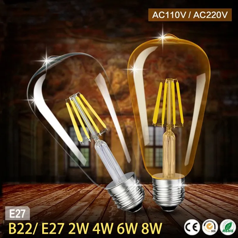 

E27 ST64 2W 4W 6W 8W 12W Clear Cover Dimmable Edison Retro Vintage Filament COB LED Bulb Light Lamp AC110/220V