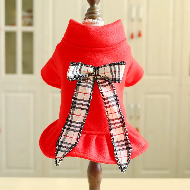 

Pet Dog Skirt New Warm Dress Autumn Winter Small Medium Sized Teddy Puppies Cute British Bowknot Red Woolen Skirt Costume