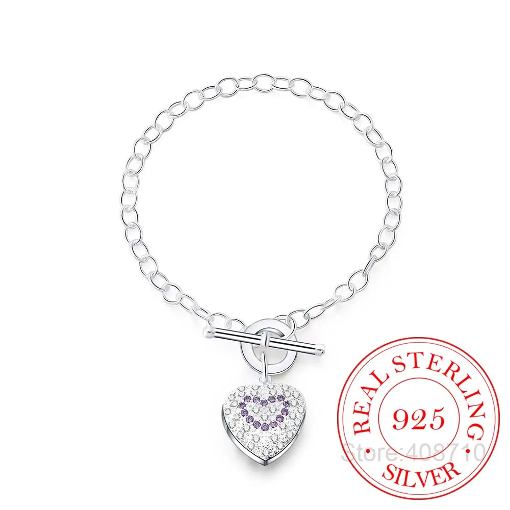 

925 Sterling Silver Bracelet,Wedding Jewelry Accessories,Fashion Purple Stone Crystal Heart Silver Bracelets Bangle for Women
