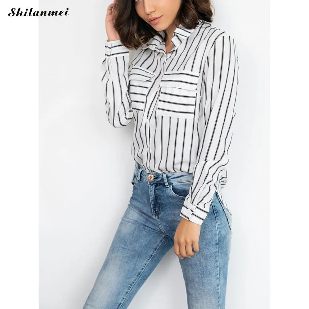 2019 осенние хлопковые элегантные полосатые рубашки блузки с v-образным вырезом и