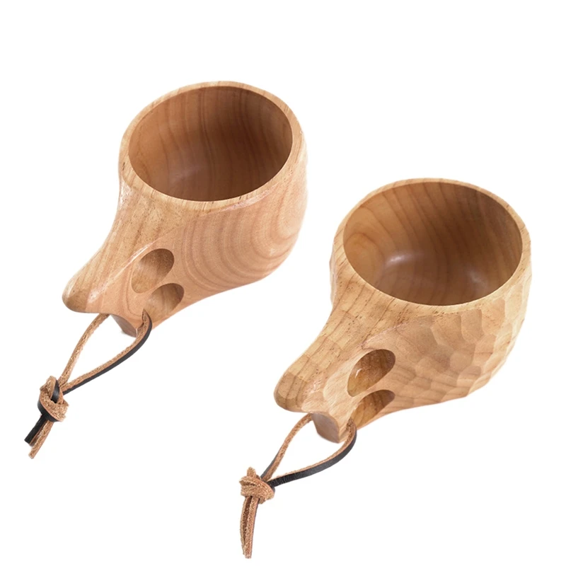 2PC Nordic Style Handmade Wooden Cups Finnish Traditional Outdoor 270Ml Wood Wine Mugs Elephant Coffee Cups For Gifts