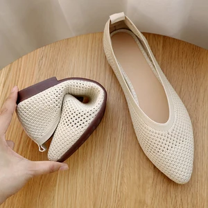 comemore 2021 Women Knitted Breathable Pointed Ladies Mesh Comfort Ballet Flats Slip on Shallow Loafers Office Flat Boat Shoes