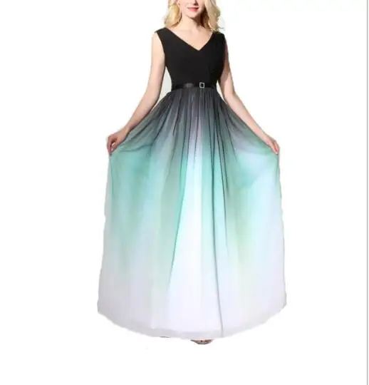 

Lanxirui Party Dress V Neck Elegant Gradient Ruffled Long Chiffon Women Formal Dinner Dress with Pleat