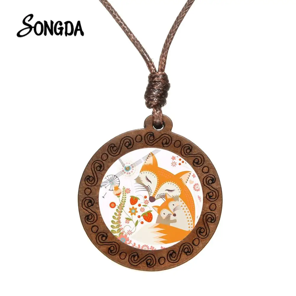 Новое ожерелье из дерева с изображением милой лисы животное мультфильма модный