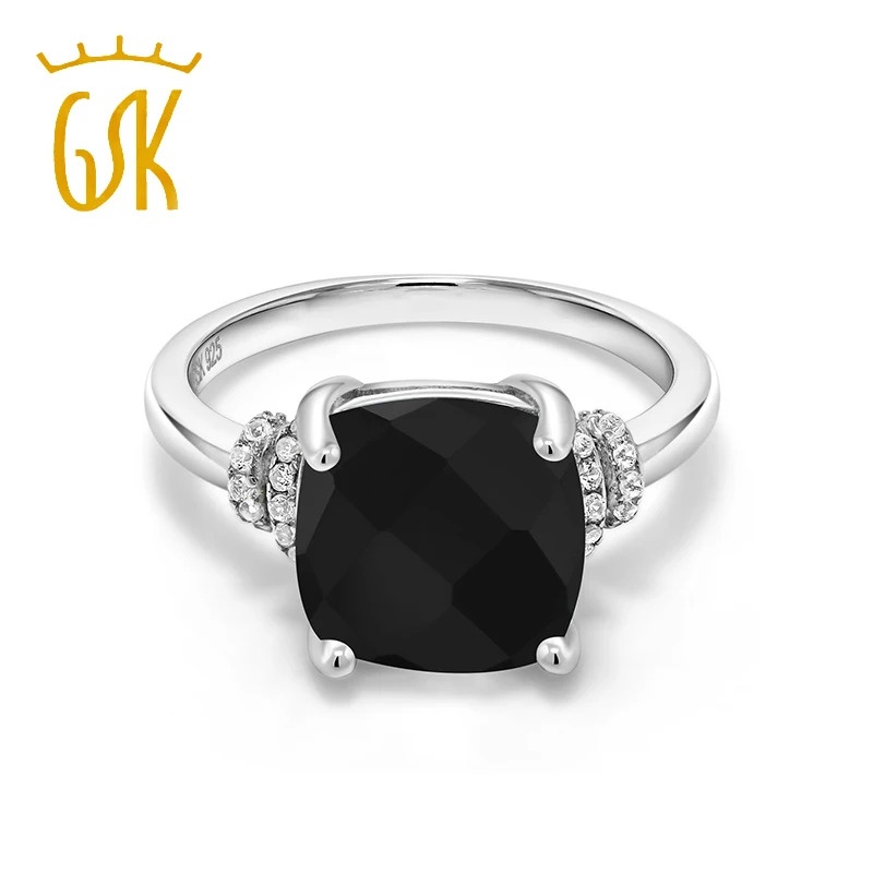 Черное ониксовое 925 пробы Серебряное женское кольцо(3,89 Cttw Подушка Шахматная огранка