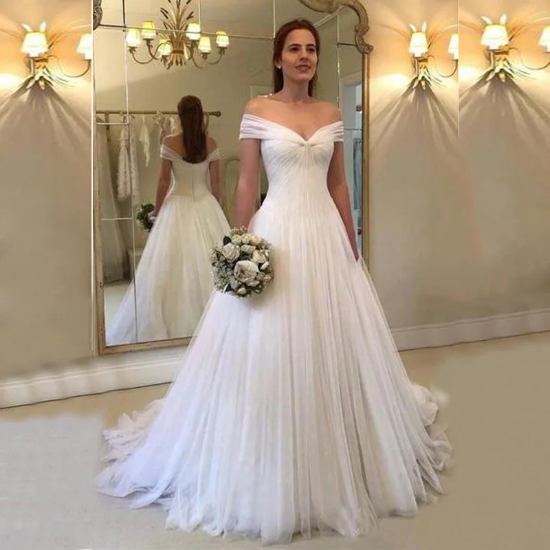 

Modern Simple White A Line Off Shoulder Sleeve Bridal Wedding Dresses Strapless Pleating Wedding Gowns for Bride Court Train