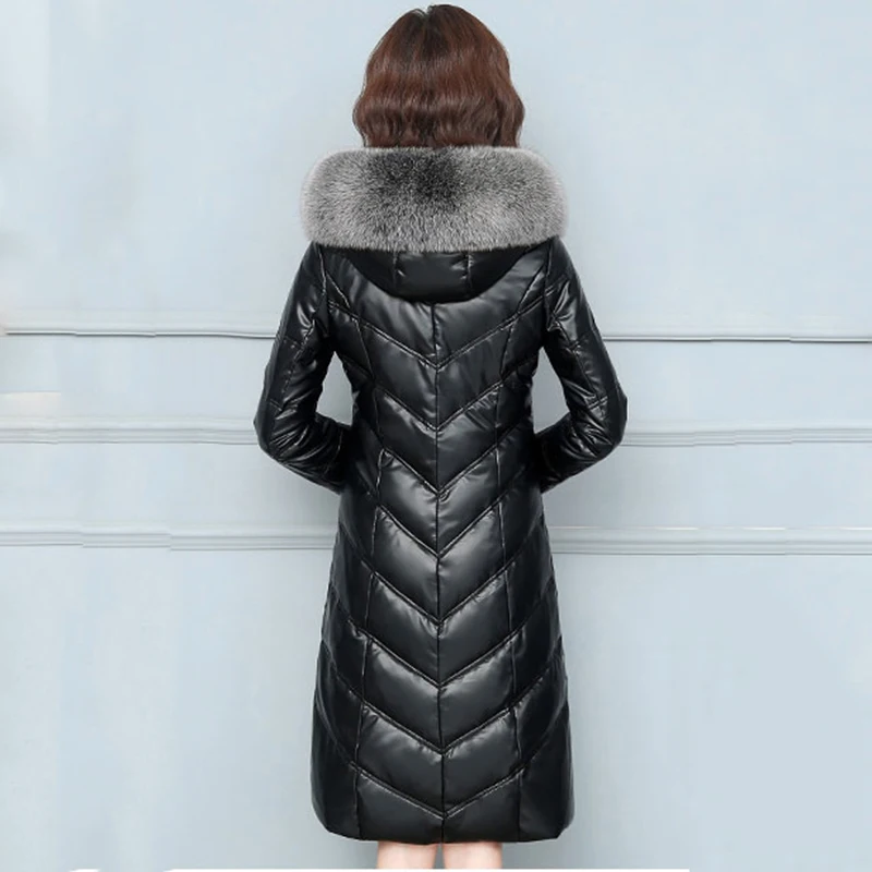 Women Sheep Leather Down Coat Winter Fashion Warm Hooded Real Fox Fur Collar Slim Sheepskin Leather Down Overcoat Female