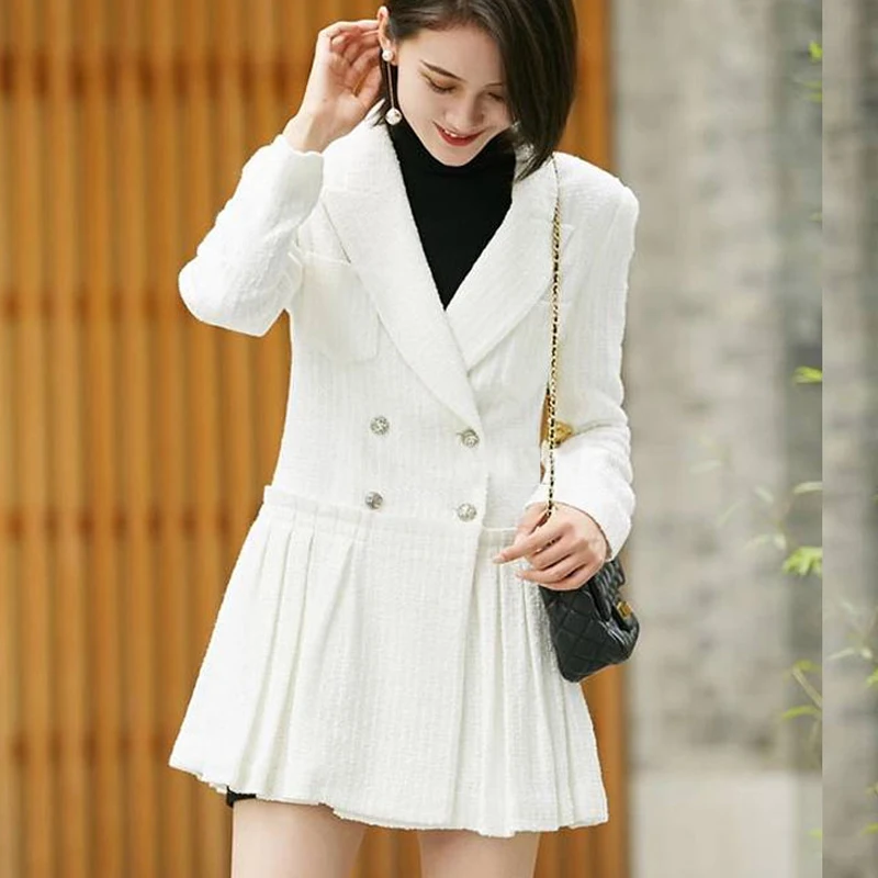 

Elegant Slim Notched Tweed Pleated Dress Autumn Winter Office Lady Double Breasted Short Dress Long Sleeve A-Line White Dress
