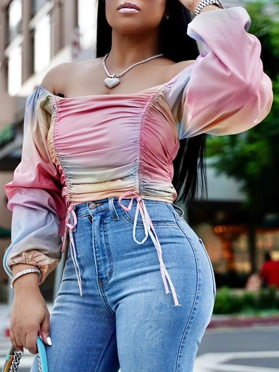 

Colour Sexy Patchwork Draw String Tie-Dye Square Collar Tops