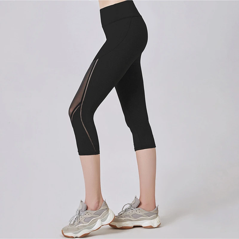 Summer Women Sport Leggings Cropped Yoga Pant Elastic Mesh Capris Quick Dry Running Crop Trousers Female Gym Pant Fitness Tights
