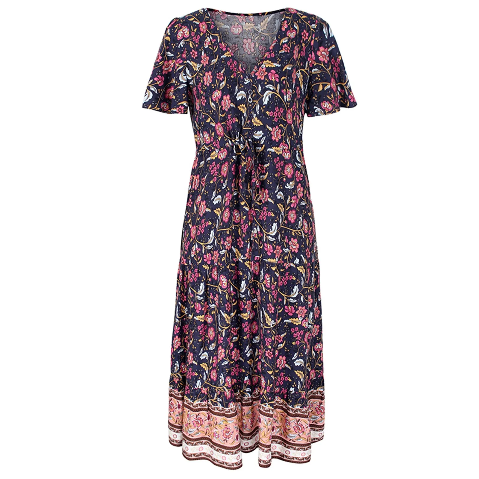 

Flower Print Dress Women's Vintage Short Sleeve Lace Up Mid-calf Dress Boho V Neck Slim A Line Summer Dress Beach Tunic Clothing
