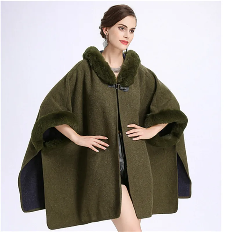 2020 Hooded Cardigan Poncho Capes Women Winter Cloak Long Woolen Coat Cape Warm Faux Rabbit Fur Collar S444 |